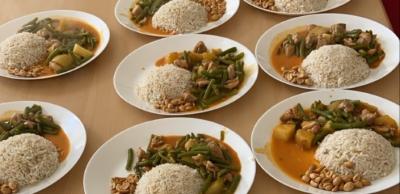 Groot aantal borden met daarop een heerlijke en gezonde maaltijd bestaande uit rijst, vlees, groente en saus.